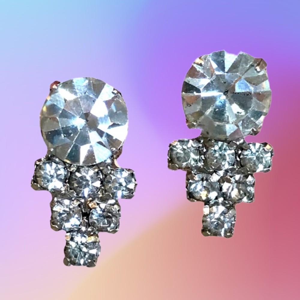Vintage 50s 60s 70s screw back silver tone rhinestone earrings